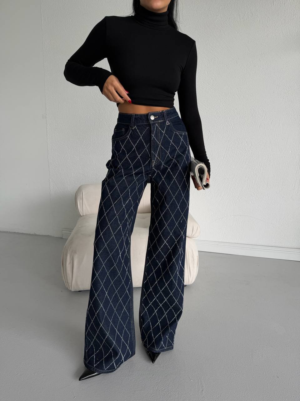 Diamond Pattern Stone Embellished Straight Jeans | Navy