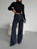 Diamond Pattern Stone Embellished Straight Jeans | Navy