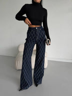 Diamond Pattern Stone Embellished Straight Jeans | Navy