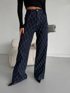 Diamond Pattern Stone Embellished Straight Jeans | Navy