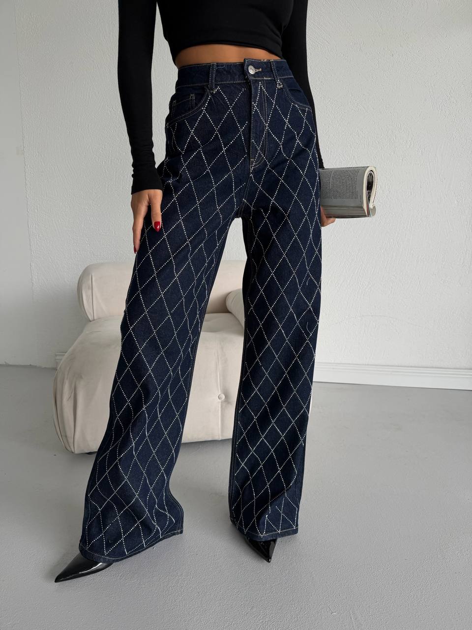Diamond Pattern Stone Embellished Straight Jeans | Navy
