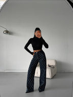 Diamond Pattern Stone Embellished Straight Jeans | Navy