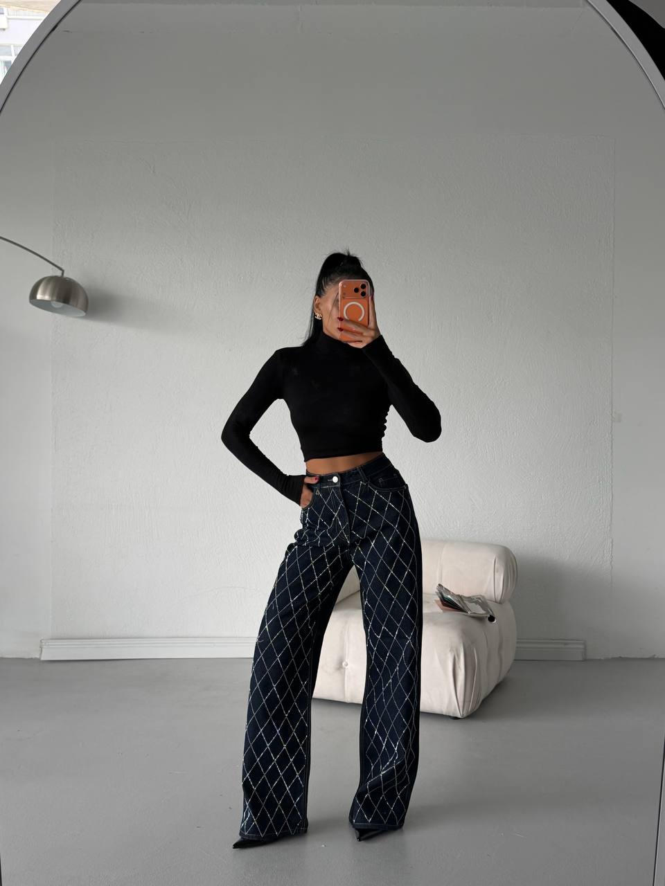 Diamond Pattern Stone Embellished Straight Jeans | Navy