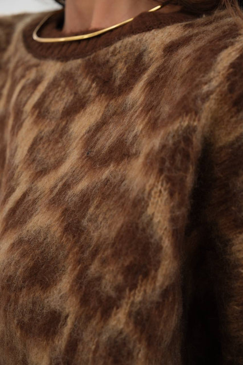Leopard Patterned Bead Knitwear Sweater | Brown