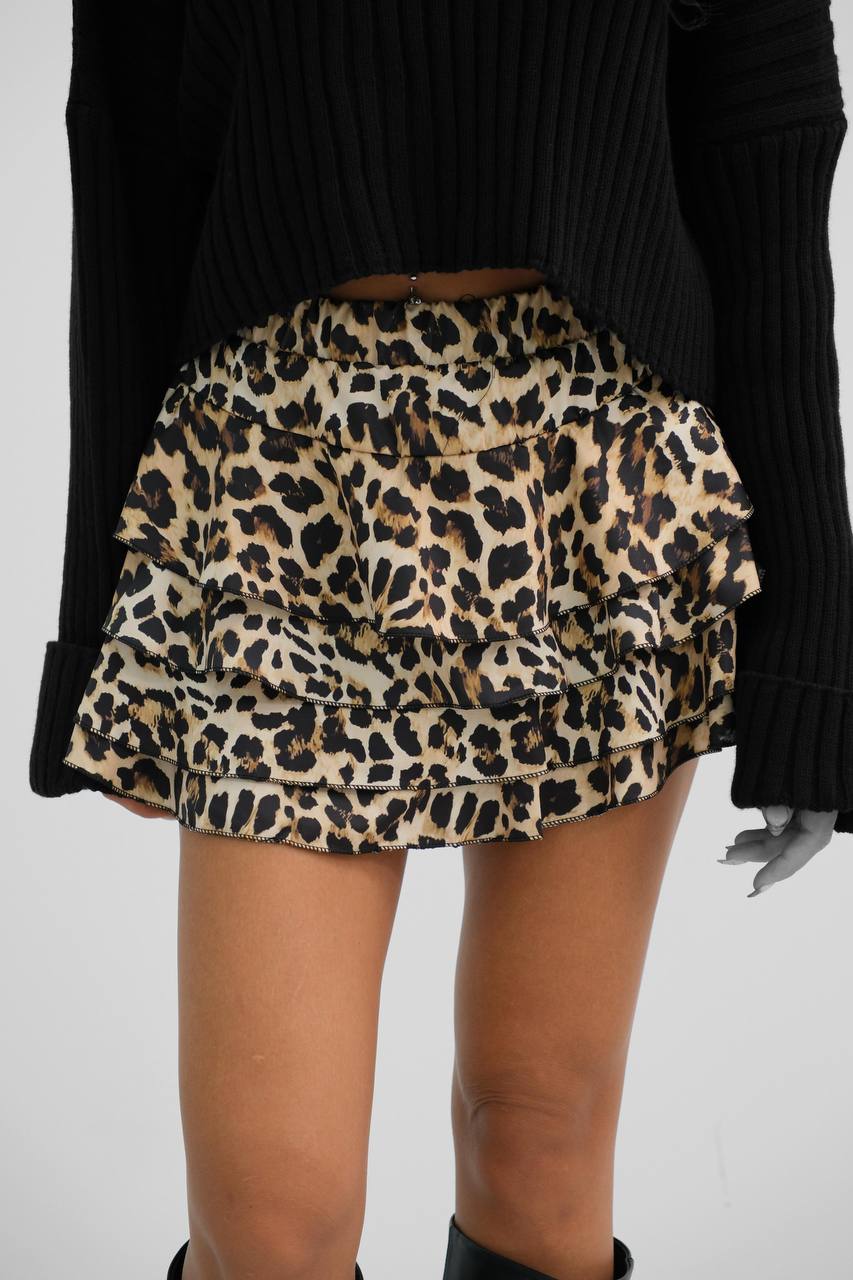 Leopard Patterned Ruffle Short Skirt
