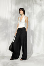 Pleated Lace-Up Linen Trousers | Black - Soréa