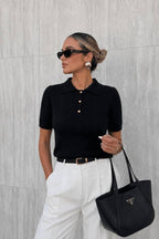 Polo Collar Blouse with Gold Buttons | Black - Soréa