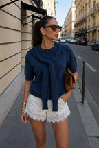 Shawl Collar Crew Neck Textured Blouse | Navy - Soréa