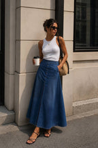Stitch Slit Maxi Denim Skirt | Navy - Soréa