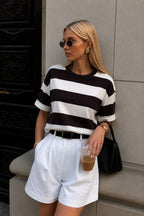 Striped Crew Neck Knit Blouse | Brown - Soréa