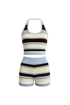 Striped Crop Blouse & Biker Shorts Knit Set | Blue/White - Soréa