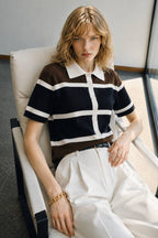 Striped Polo Collar Button-Down Blouse - Soréa