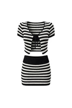 Striped Tie Blouse & Folded Waist Mini Skirt Knit Set | Black/White - Soréa