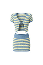 Striped Tie Blouse & Folded Waist Mini Skirt Knit Set | Blue/Beige - Soréa