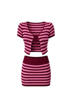 Striped Tie Blouse & Folded Waist Mini Skirt Knit Set | Pink - Soréa