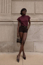 Turtleneck Textured Blouse with Sleeve Detail | Burgundy - Soréa