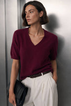 V-Neck Short-Sleeve Textured Blouse | Burgundy - Soréa