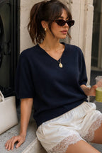 V-Neck Short-Sleeve Textured Blouse | Navy - Soréa